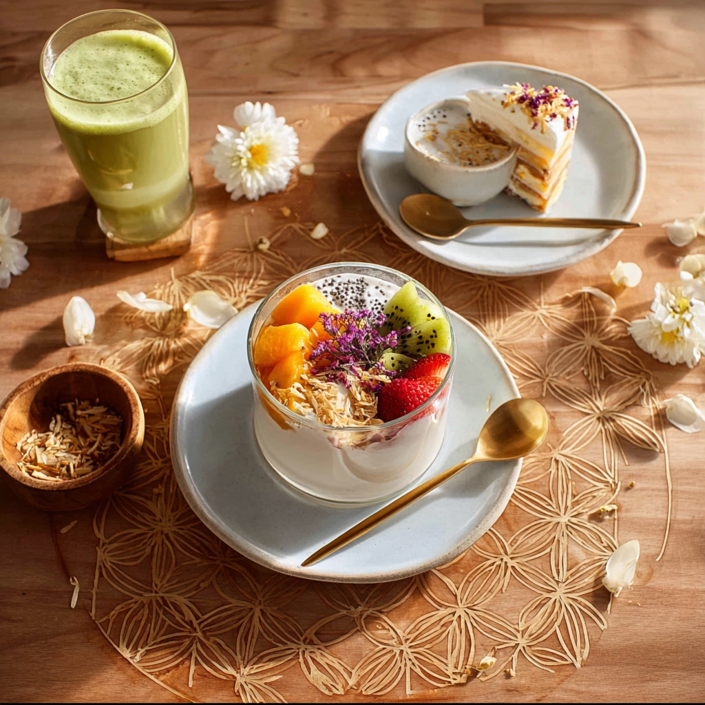 Overhead flat lay of a yoghurt parfait with seasonal fruit, a green juice, and a slice of cake on a Flower of Life placemat