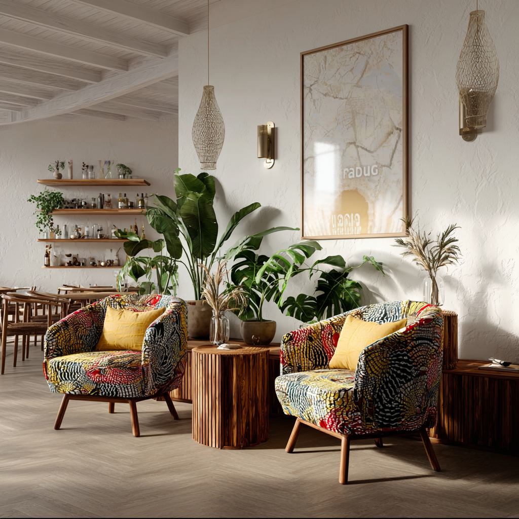 A bright café seating area with white walls, tropical plants, woven pendant lights, and armchairs upholstered in colourful African print fabric