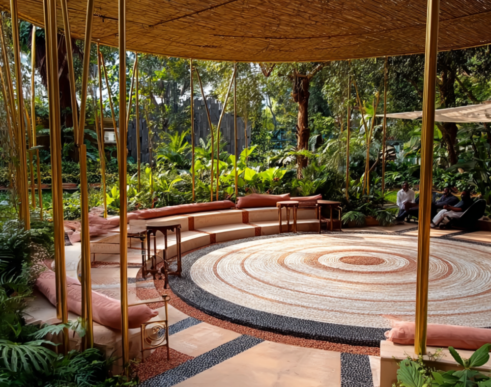 Sacred garden meditation circle with Flower of Life mandala